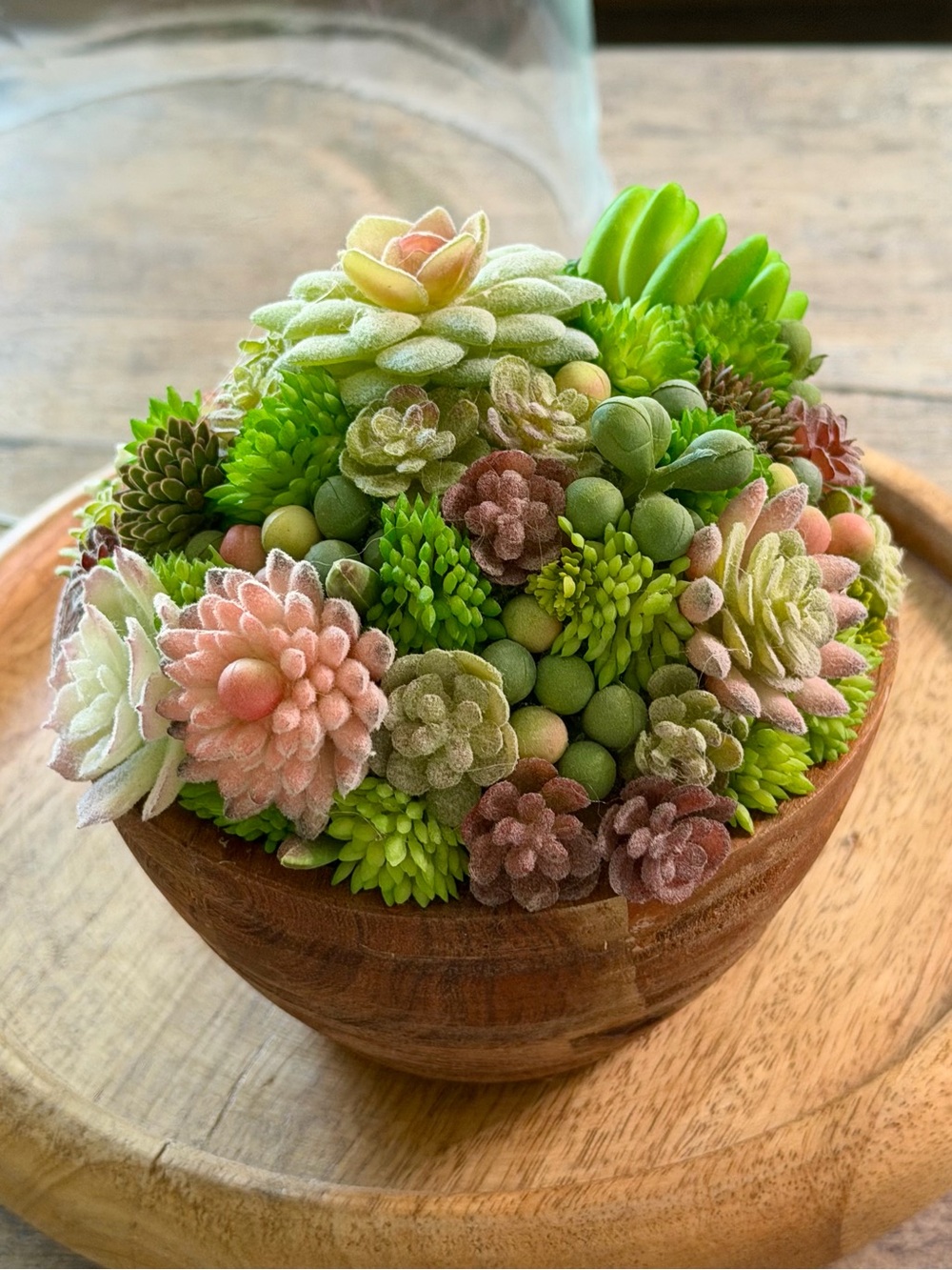 Handcrafted Faux Succulent Arrangement in Wooden Bowl (Glass Dome)